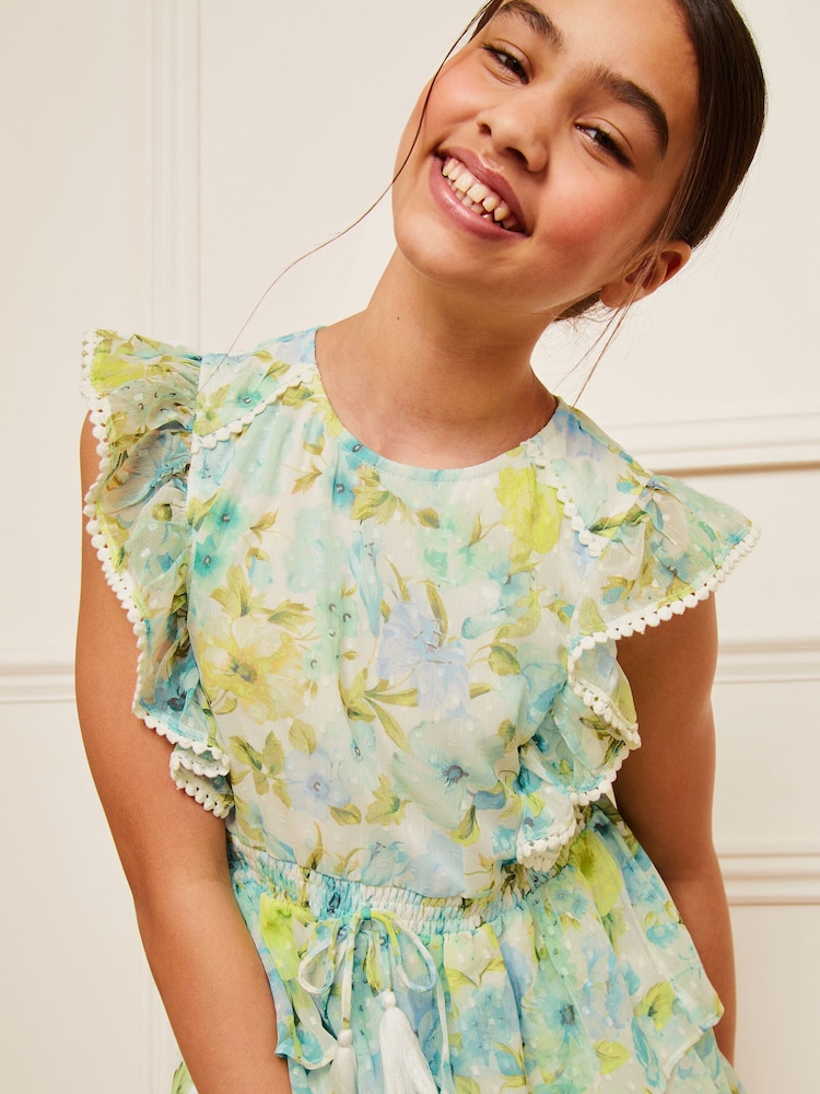 Lipsy Green/White Floral Chiffon Ruffle Mini Dress (5-16yrs) - Image 2 of 4