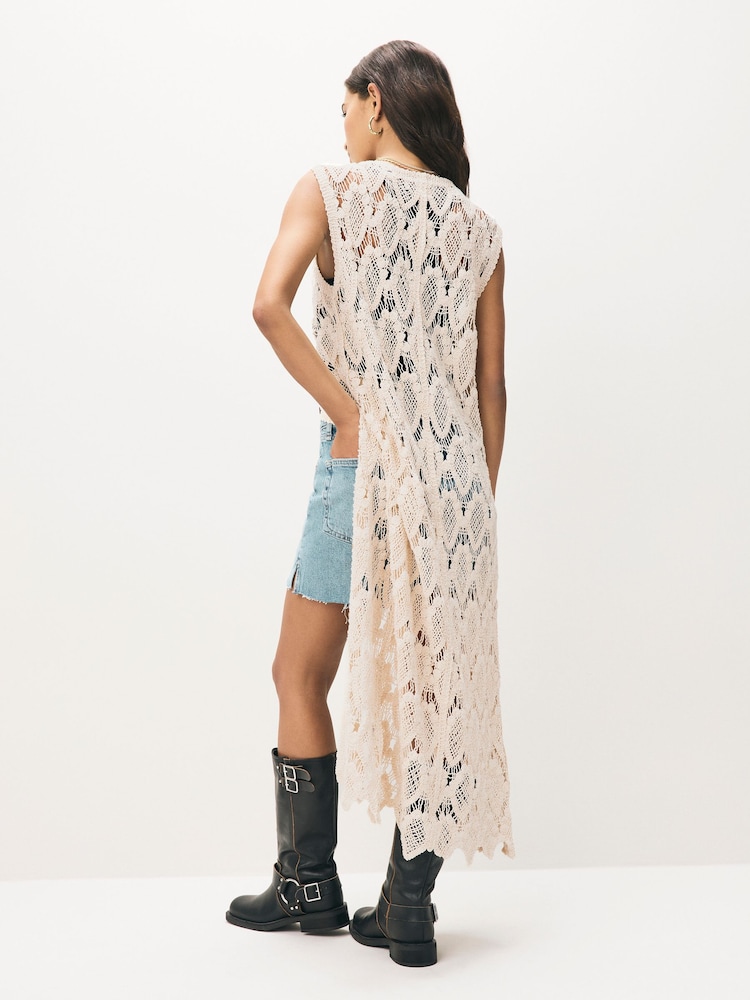 Neutral Crochet Button Through Beach Midi Dress - Image 2 of 8
