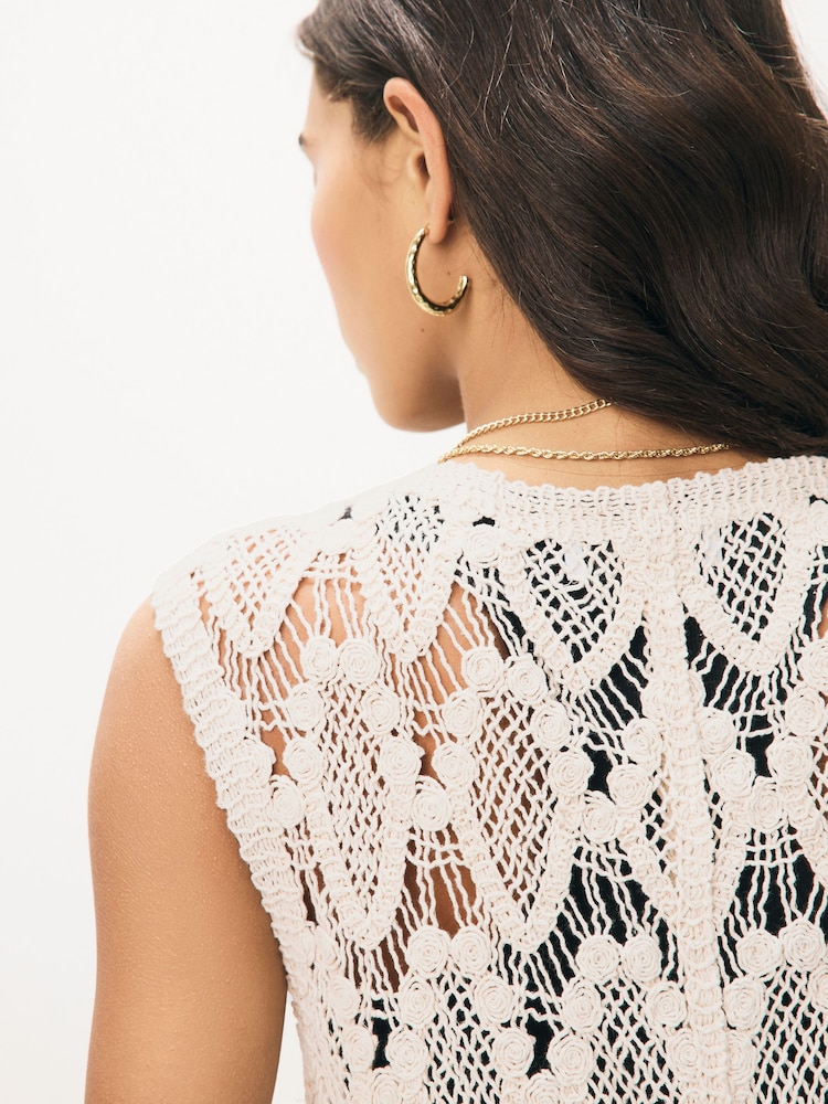 Neutral Crochet Button Through Beach Midi Dress - Image 4 of 8