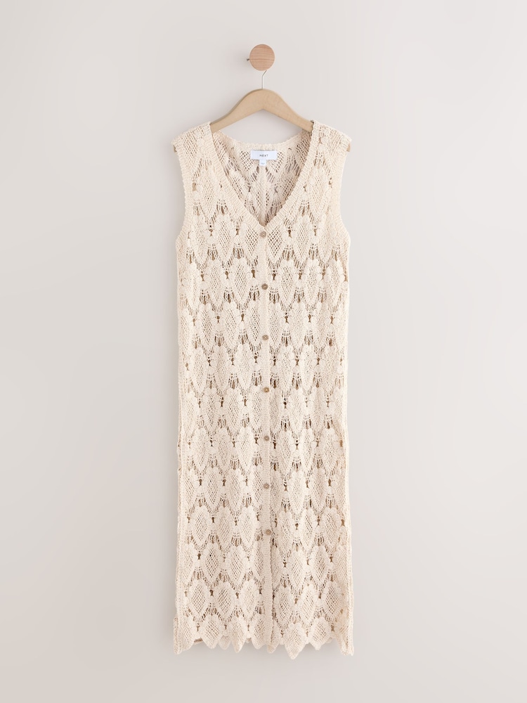 Neutral Crochet Button Through Beach Midi Dress - Image 5 of 8