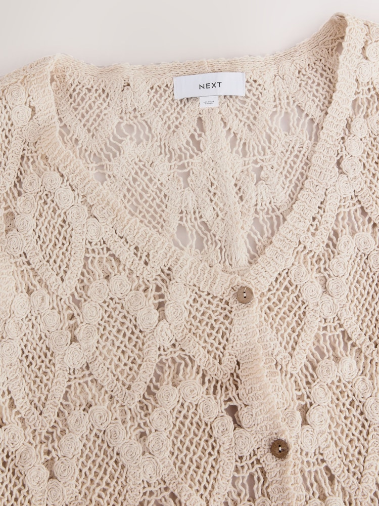 Neutral Crochet Button Through Beach Midi Dress - Image 6 of 8
