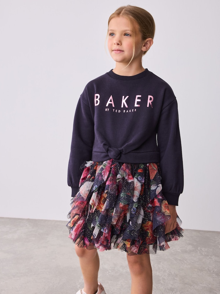 Baker by Ted Baker Navy Mesh Skirted Sweat Dress - Image 1 of 12 Baker by Ted Baker Navy Mesh Skirted Sweat Dress - Image 1 of 12