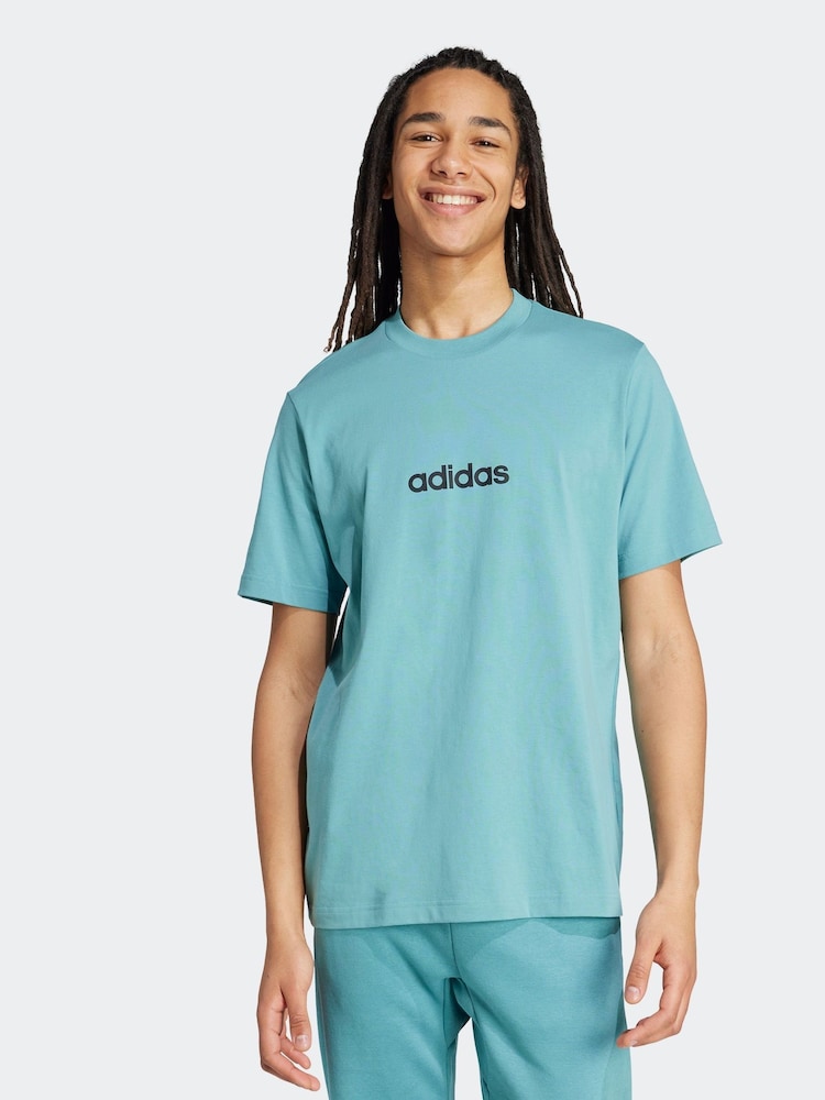 adidas Green Blue Single Essentials Linear 100% Cotton Jersey T-Shirt - Image 1 of 7