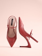 Red Tabitha Simmons x Next Josephine Leather Point Toe Bow Brogue Detail Slingback Shoes - Image 1 of 5