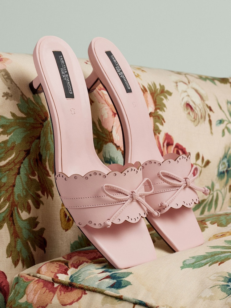 Light Pink Tabitha Simmons x Next Minnie Leather Square Toe Lazer Cut Bow Mule Kitens Shoes - Image 1 of 6