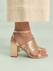 Gold Tabitha Simmons x Next Dahlia Leather Round Toe Laser Cut Detail Block Heel Sandals - Image 1 of 7
