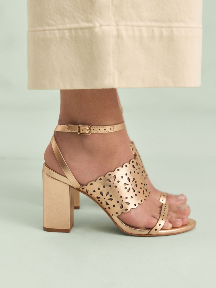 Gold Tabitha Simmons x Next Dahlia Leather Round Toe Laser Cut Detail Block Heel Sandals - Image 1 of 7