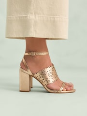 Gold Tabitha Simmons x Next Dahlia Leather Round Toe Laser Cut Detail Block Heel Sandals - Image 3 of 7