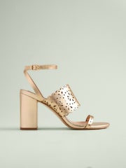 Gold Tabitha Simmons x Next Dahlia Leather Round Toe Laser Cut Detail Block Heel Sandals - Image 5 of 7