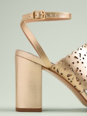 Gold Tabitha Simmons x Next Dahlia Leather Round Toe Laser Cut Detail Block Heel Sandals - Image 6 of 7