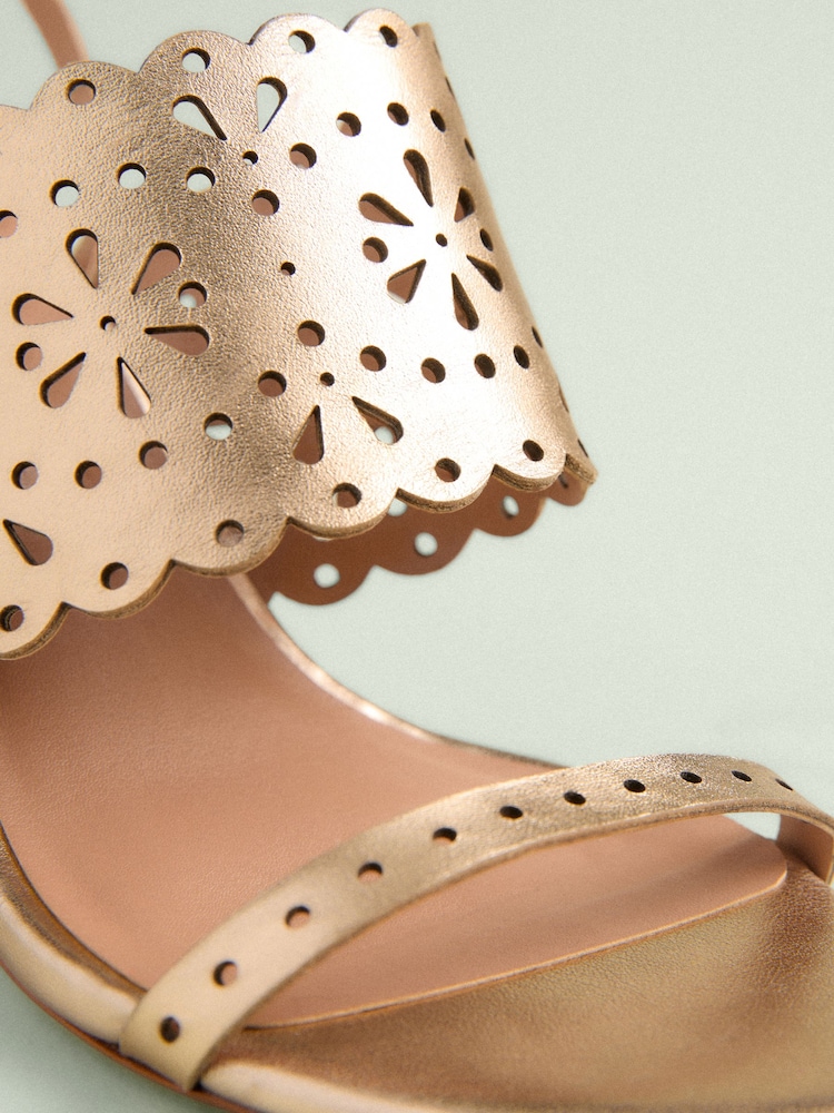 Gold Tabitha Simmons x Next Dahlia Leather Round Toe Laser Cut Detail Block Heel Sandals - Image 7 of 7
