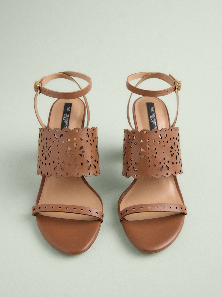 Tan Brown Tabitha Simmons x Next Dahlia Leather Round Toe Laser Cut Detail Block Heel Sandals - Image 1 of 4