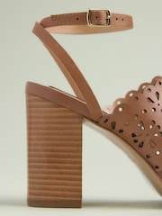 Tan Brown Tabitha Simmons x Next Dahlia Leather Round Toe Laser Cut Detail Block Heel Sandals - Image 3 of 4