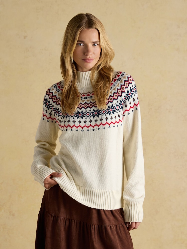 Creme - Suéter Joules Alba Fairisle de gola alta e algodão Blend - Imagem 1 de 8