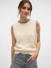 VERO MODA Cream Knitted Vest with Contrast Stitch Detail - Image 1 of 5