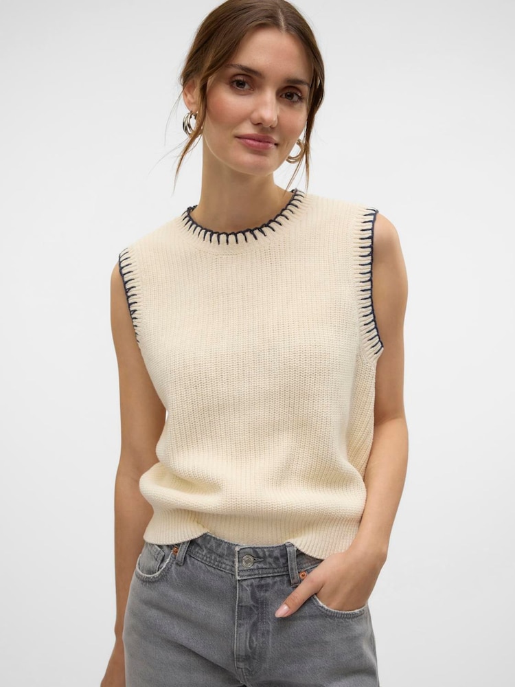 VERO MODA Cream Knitted Vest with Contrast Stitch Detail - Image 1 of 5