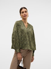 VERO MODA Green Graphic Printed Satin Balloon Sleeve Blouse - Image 1 of 1