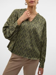 VERO MODA Green Graphic Printed Satin Balloon Sleeve Blouse - Image 3 of 6