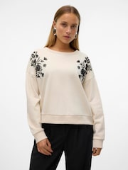 VERO MODA Cream Long Sleeve Embroidery Flower Sweatshirt - Image 1 of 4