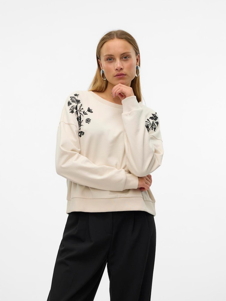 VERO MODA Cream Long Sleeve Embroidery Flower Sweatshirt - Image 2 of 4