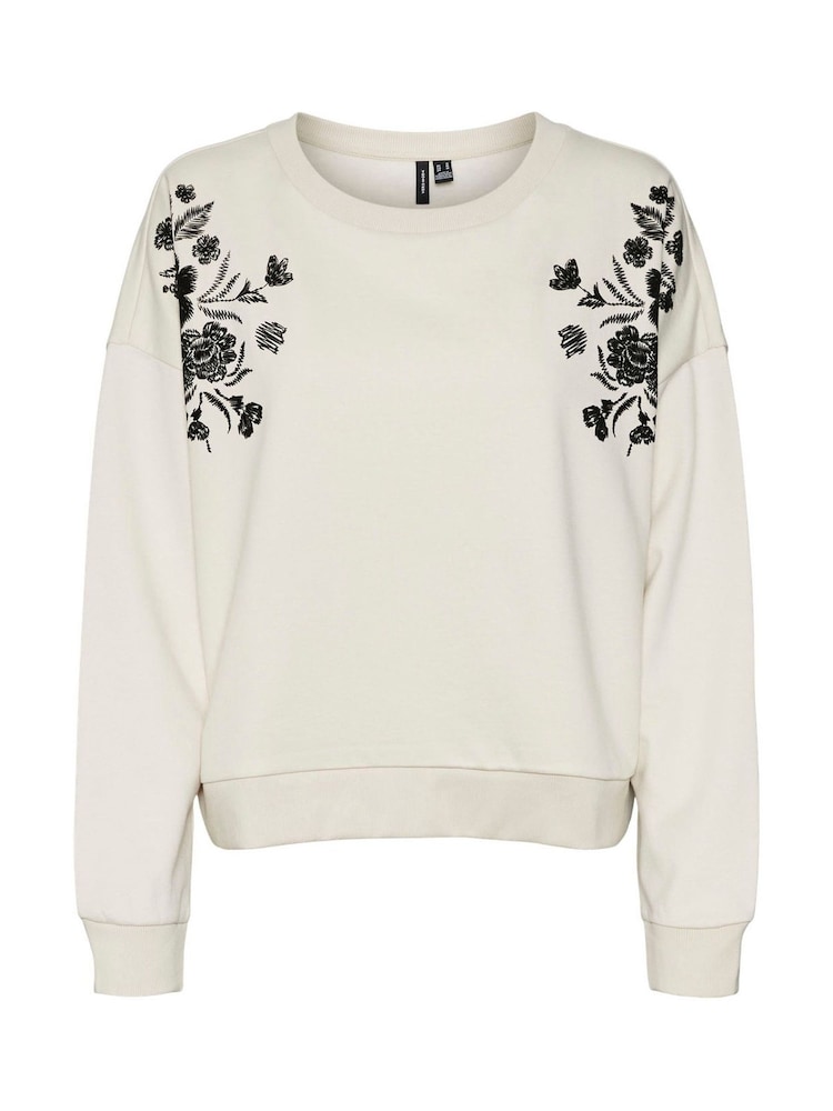 VERO MODA Cream Long Sleeve Embroidery Flower Sweatshirt - Image 4 of 4