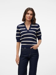 VERO MODA Blue 3/4 Sleeve Stripe Knitted Polo Top - Image 1 of 5