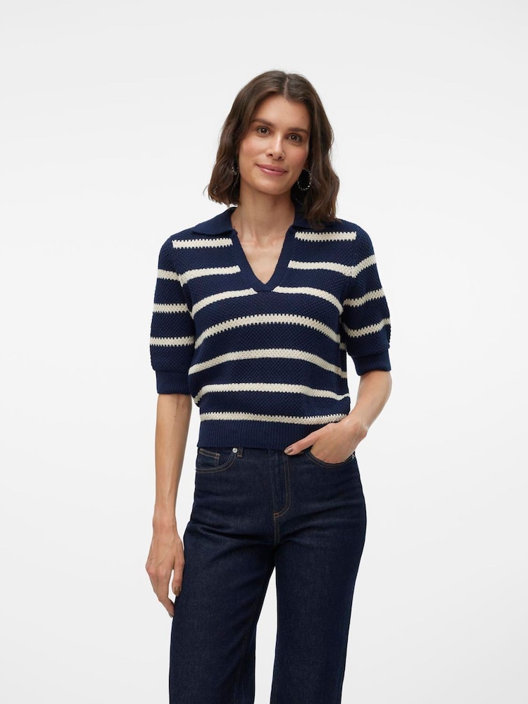 VERO MODA Blue 3/4 Sleeve Stripe Knitted Polo Top - Image 1 of 5