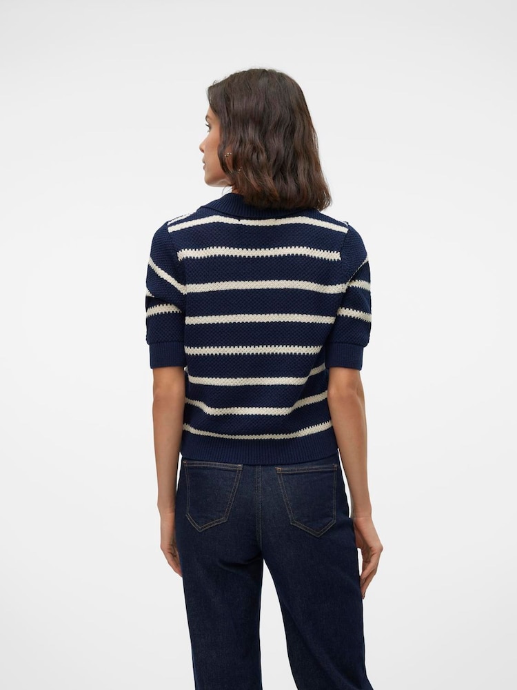 VERO MODA Blue 3/4 Sleeve Stripe Knitted Polo Top - Image 2 of 5
