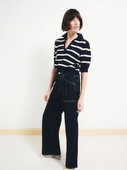 VERO MODA Blue 3/4 Sleeve Stripe Knitted Polo Top - Image 3 of 5