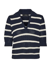 VERO MODA Blue 3/4 Sleeve Stripe Knitted Polo Top - Image 5 of 5
