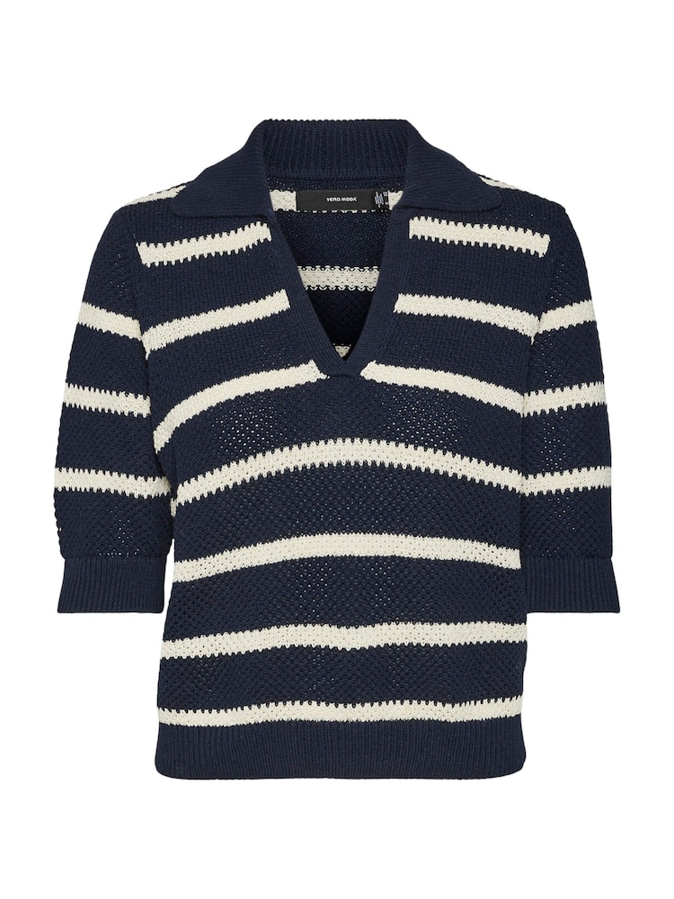 VERO MODA Blue 3/4 Sleeve Stripe Knitted Polo Top - Image 5 of 5