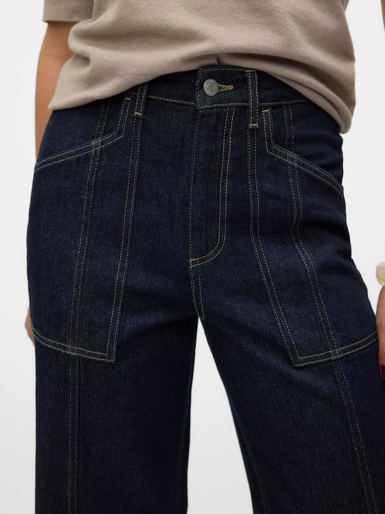 VERO MODA Blue Wide Leg Dark Denim Jeans With Stitch Detail Pockets - Image 4 of 6