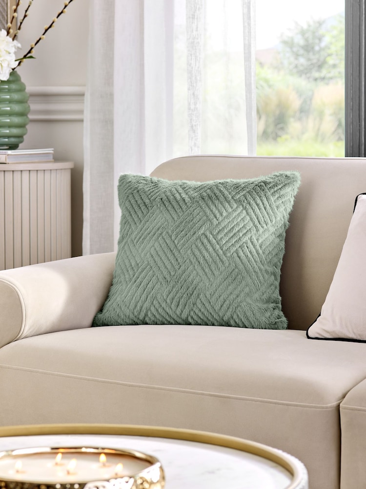 Sage Green 43 x 43cm Basset Embossed Faux Fur Cushion - Image 1 of 5