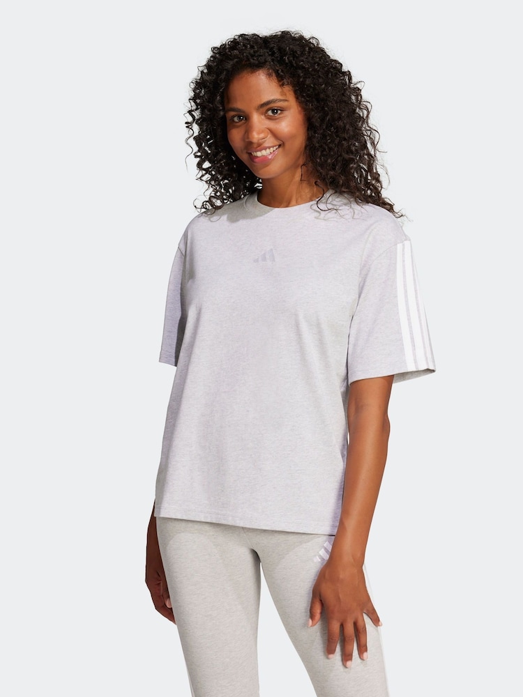 adidas Grey Essentials 3-Stripes Boyfriend 100% Cotton T-Shirt - Image 1 of 6