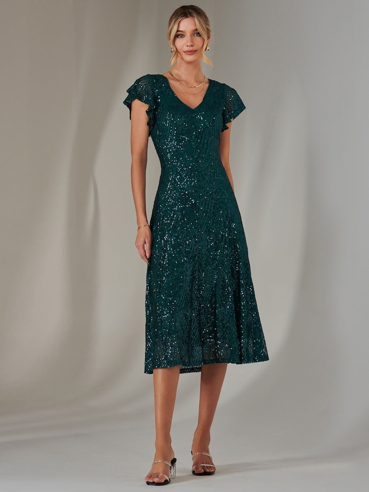 Jolie Moi Green Fit & Flare Sequin V-Neck Midaxi Dress - Image 2 of 6