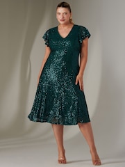 Jolie Moi Green Fit & Flare Sequin V-Neck Midaxi Dress - Image 5 of 6