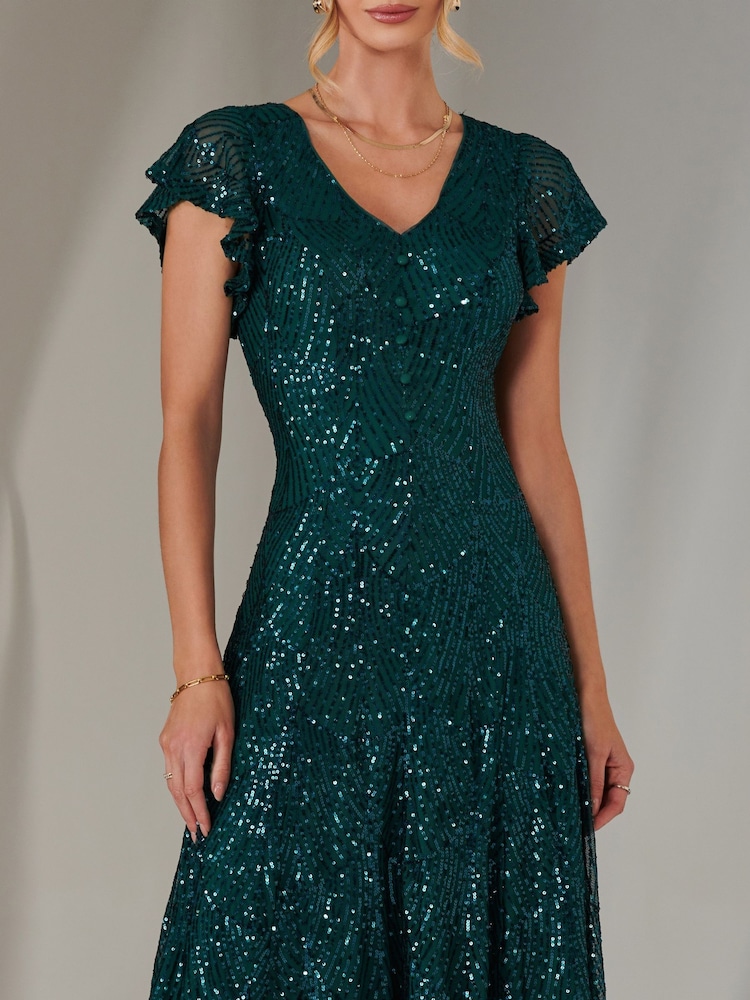 Jolie Moi Green Fit & Flare Sequin V-Neck Midaxi Dress - Image 6 of 6