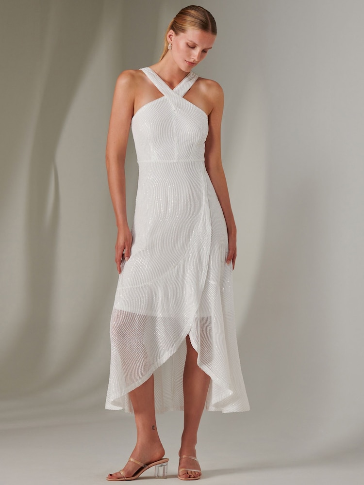 Jolie Moi White Cross Neck Frill Hem Maxi Dress - Image 3 of 6