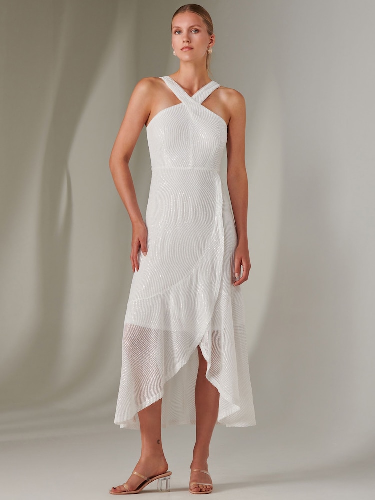 Jolie Moi White Cross Neck Frill Hem Maxi Dress - Image 5 of 6
