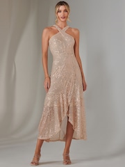 Jolie Moi Gold Cross Neck Frill Hem Maxi Dress - Image 1 of 6