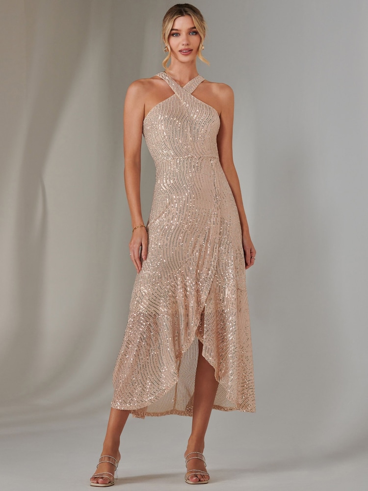 Jolie Moi Gold Cross Neck Frill Hem Maxi Dress - Image 1 of 6