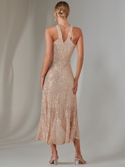 Jolie Moi Gold Cross Neck Frill Hem Maxi Dress - Image 2 of 6