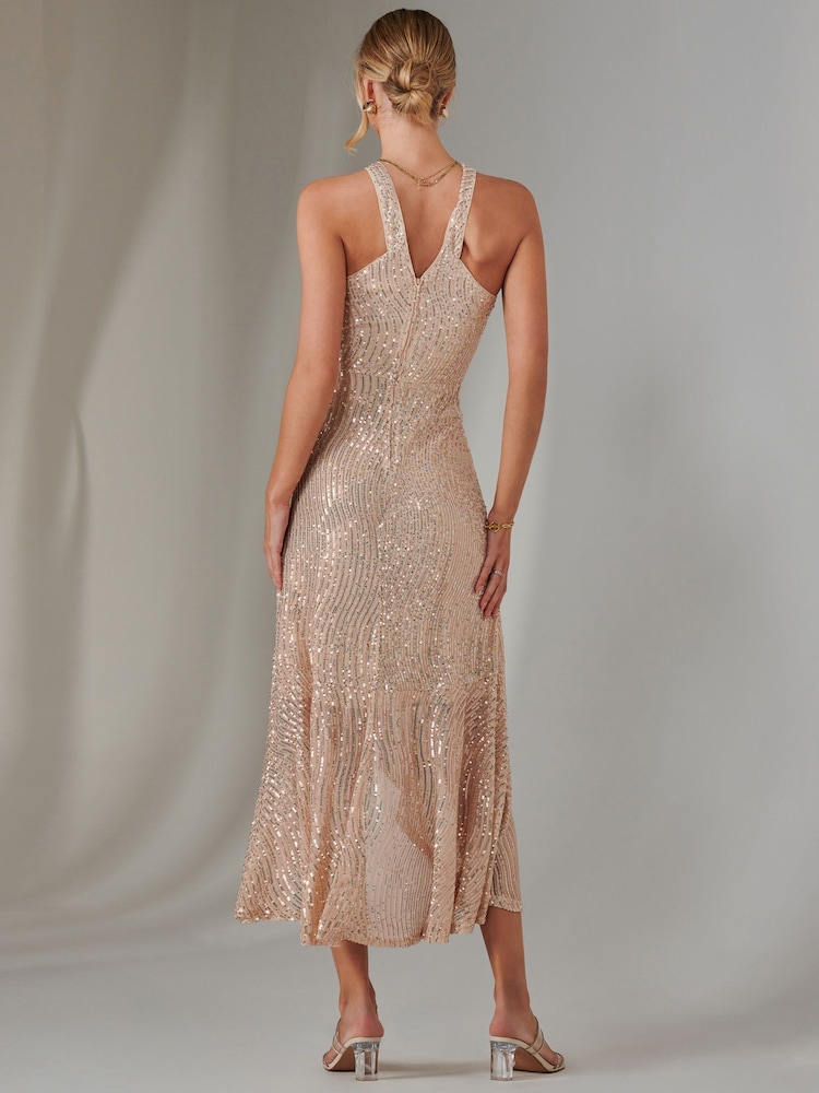 Dorado - Vestido largo con cuello cruzado y dobladillo con volantes de Jolie Moi - Imagen 2 de 6 Dorado - Vestido largo con cuello cruzado y dobladillo con volantes de Jolie Moi - Imagen 2 de 6