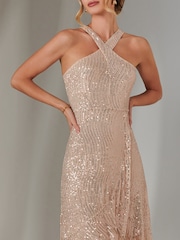 Jolie Moi Gold Cross Neck Frill Hem Maxi Dress - Image 4 of 6