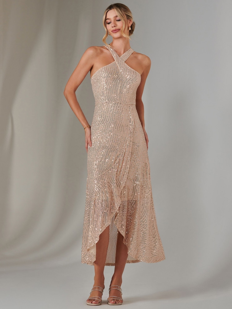 Jolie Moi Gold Cross Neck Frill Hem Maxi Dress - Image 5 of 6
