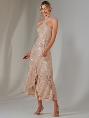 Jolie Moi Gold Cross Neck Frill Hem Maxi Dress - Image 6 of 6