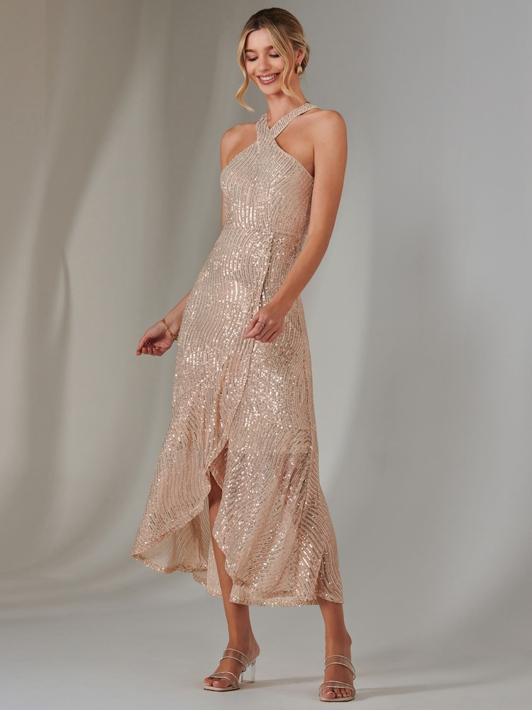 Jolie Moi Gold Cross Neck Frill Hem Maxi Dress - Image 6 of 6