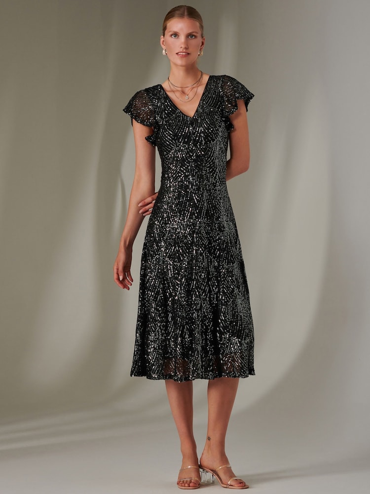 Jolie Moi Charcoal Black Fit & Flare Sequin V-Neck Midaxi Dress - Image 1 of 6