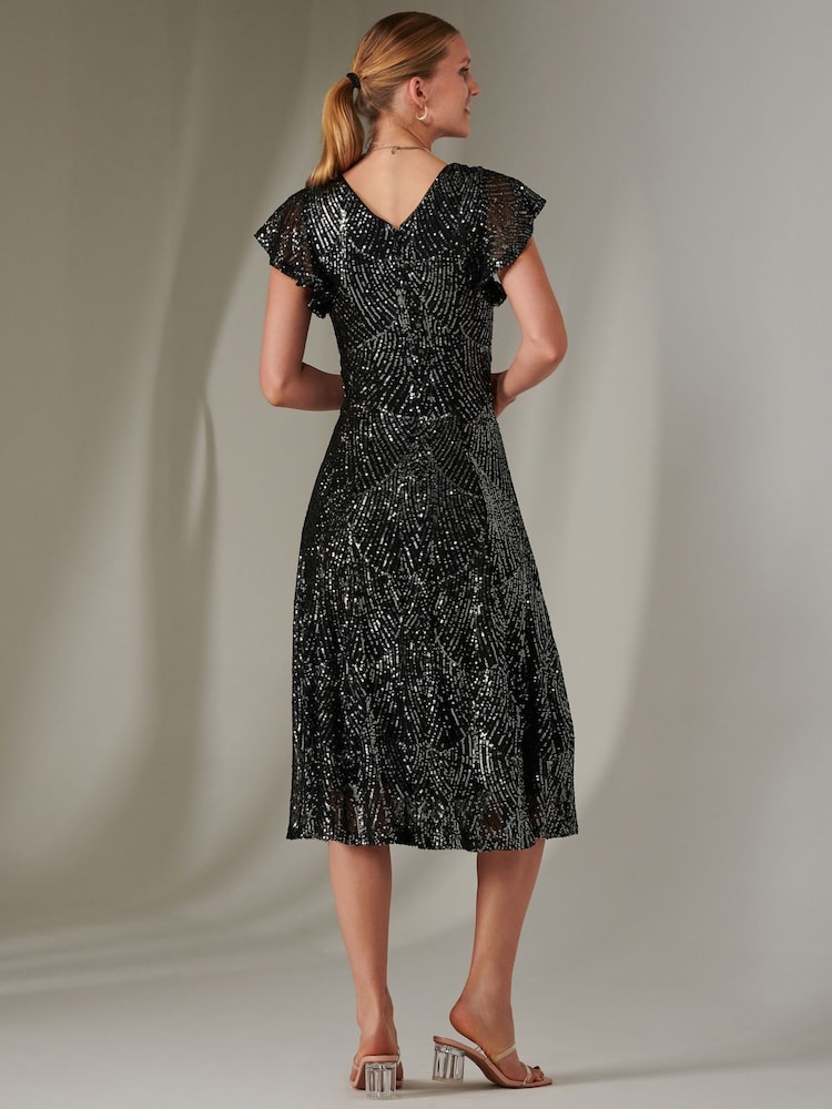 Jolie Moi Charcoal Black Fit & Flare Sequin V-Neck Midaxi Dress - Image 2 of 6