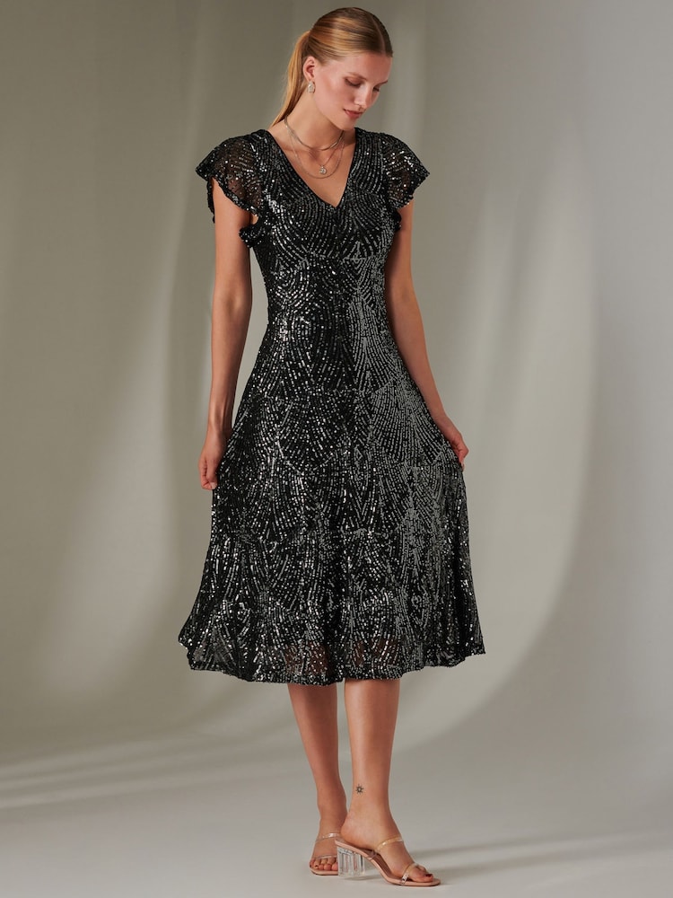 Jolie Moi Charcoal Black Fit & Flare Sequin V-Neck Midaxi Dress - Image 3 of 6